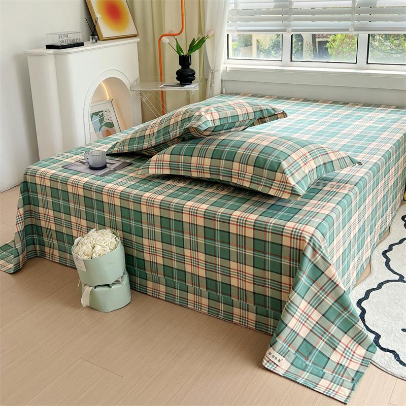 Green Check Raw Cotton Bed Sheets For Double Bed All Seasons Bed Cover Full Set Queen/King Size Flat Top Sheets No Pillowcase