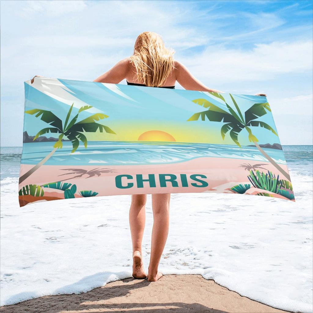 Custom Name Beach Towel Personalized Seaside Summer Beach Print Bath Towel for Kids Women Men Bath Towels for Travel Camp Swim