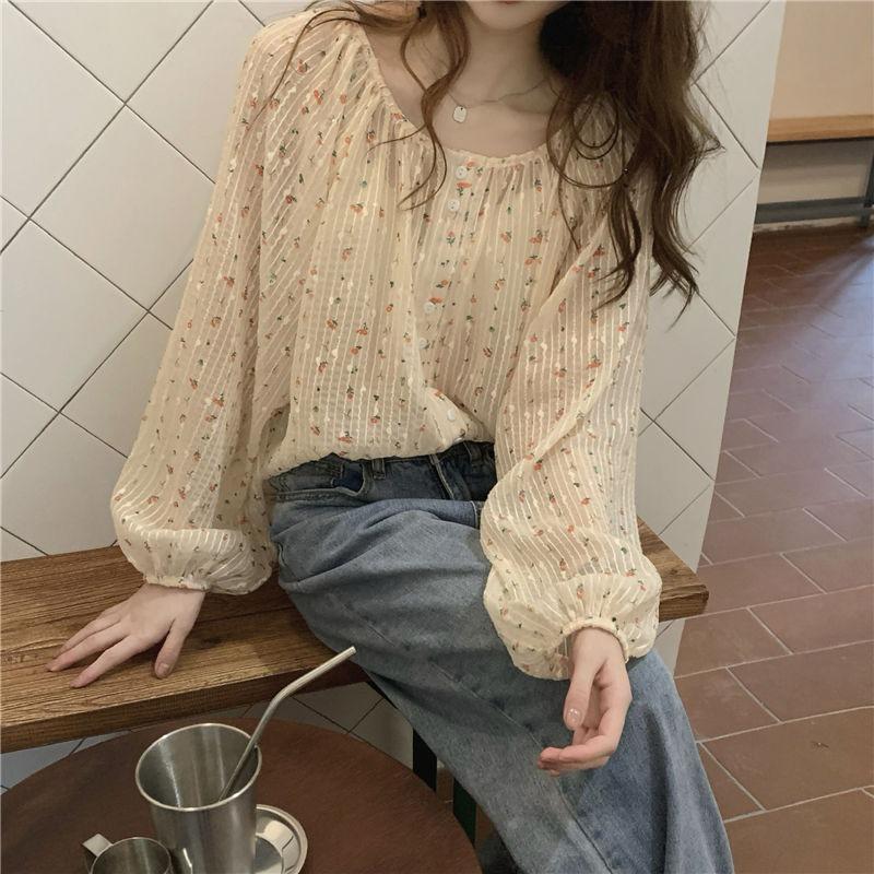 Elegant Loose Floral Sweet Printed Shirt Women Summer Spring O Neck Casual Thin Tops Office Long Sleeve Fashion Blouse Large Size See Through Clothing