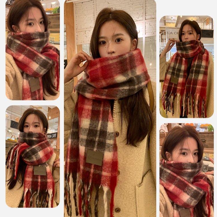 Red scarf women's winter atmosphere knitted scarf plaid couple warm thickened shawl scarf neck protection