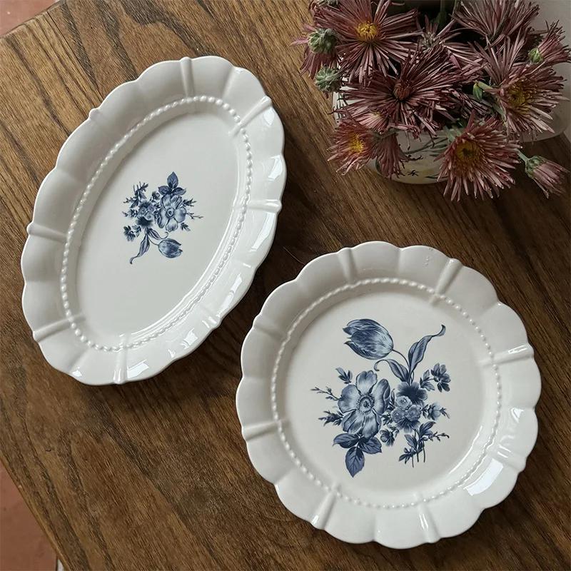 Francuski Vintage Niebieski Kwiatowy Ceramiczny Talerz Owalne Naczynie Wysokiej Wartości Deserowy Serwing Zastawa Stołowa