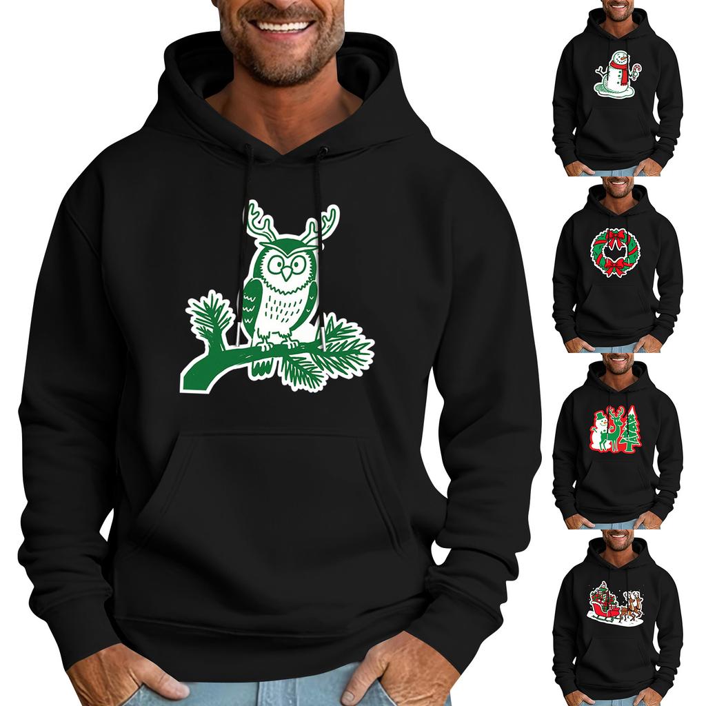 Men's Casual Sports Hooded Pocket Christmas Print Long Sleeve Sweatshirt