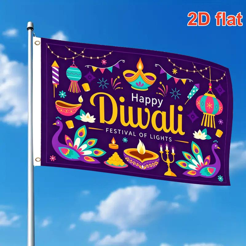 2D Flach, Einzelne Große Flagge Frohes Diwali Lebendiger Druck Pfau Diya für Lotus Blumige Feiertagsgrafik (15) 2D-Flachdruck Festival Design, Einseitig,