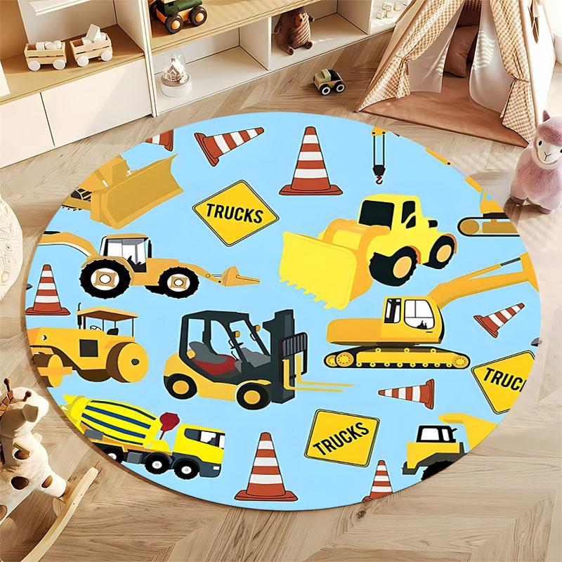 Construction-Themed Kids Rug for Playroom or Nursery Round Carpet for Home Sofa Bedroom, Gift