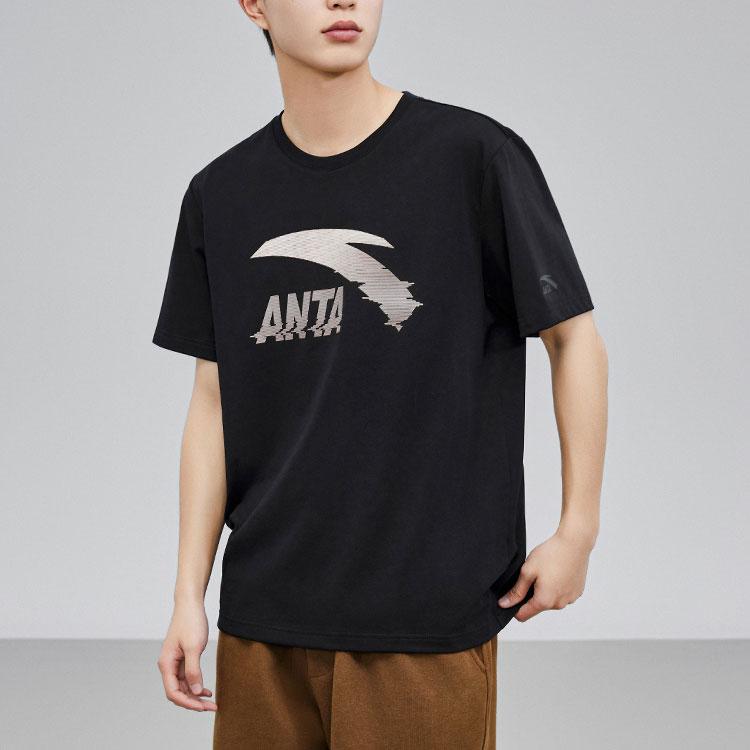 Anta Lifestyle Series Logo Letter Round Neck Pullover Short Sleeve T-Shirt Unisex T-Shirt Black Silver 952428107-4