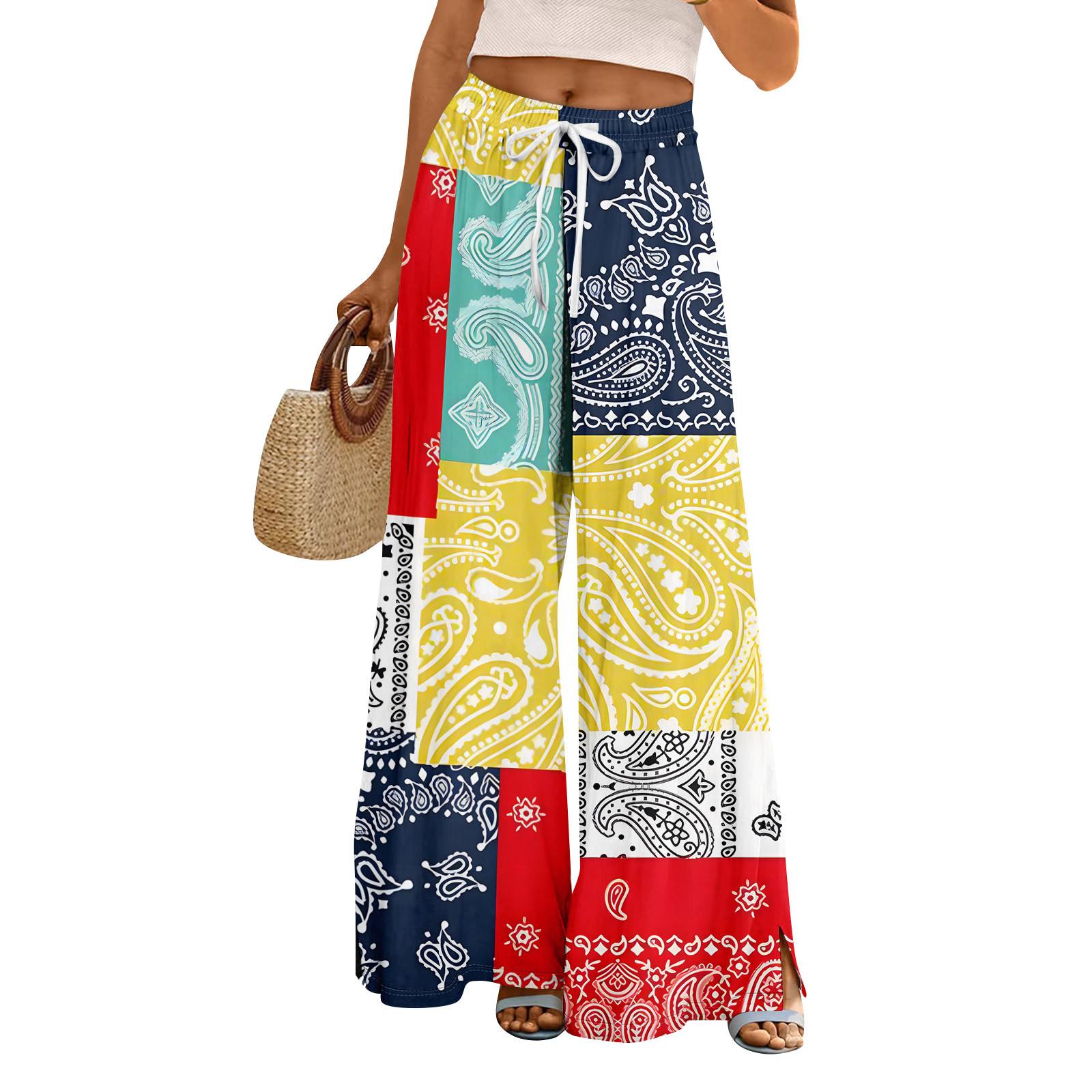 

Женские летние брюки-палаццо в стиле бохо с высокой талией, широкие повседневные брюки с карманами XL красный