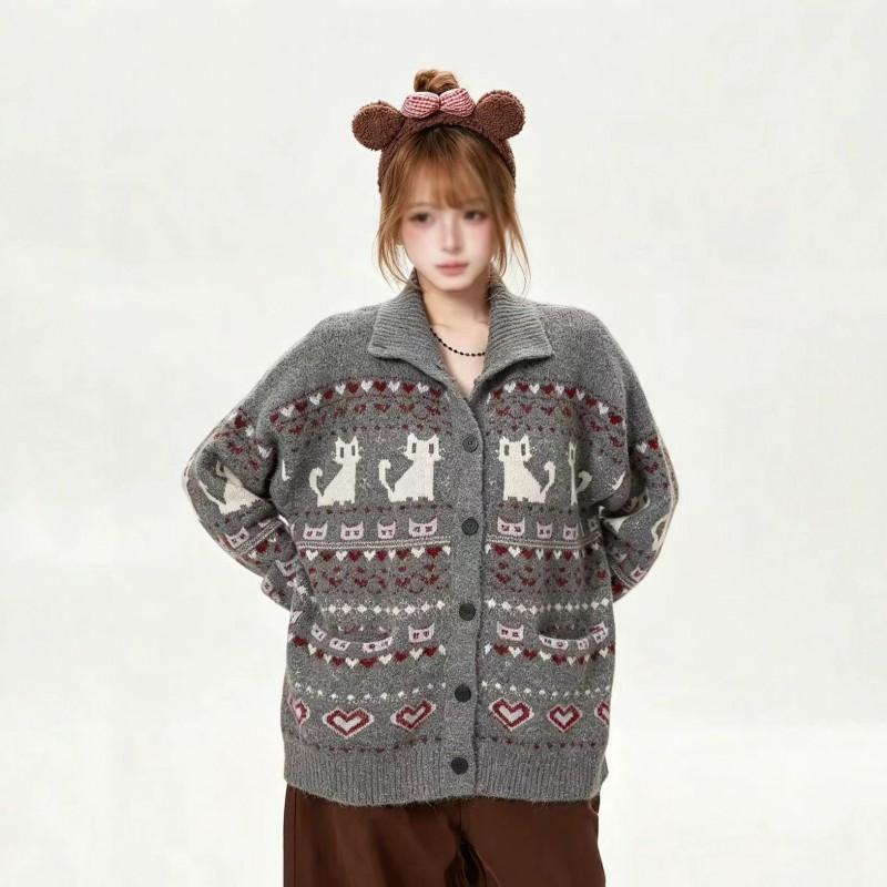 Unisex Retro Dzianinowy Kardigan Fair Isle z Kołnierzem Oversize Luźny Sweter z Mieszanki Wełny