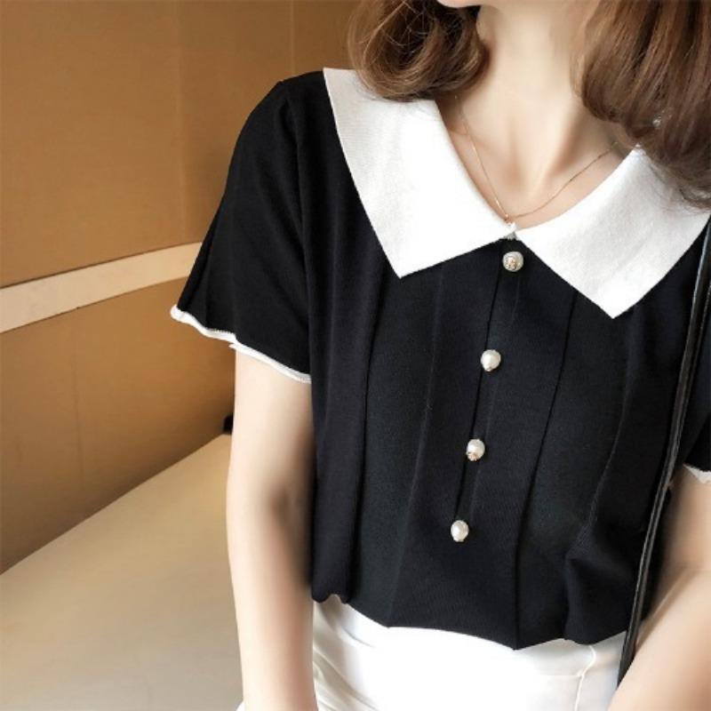 

Трикотаж Летняя свободная трикотажная футболка в иностранном стиле Женская черно-белая цветная блокировка Топы с короткими рукавами Повседневная базовая модель Облегающие свитера Футболки One Size чёрный