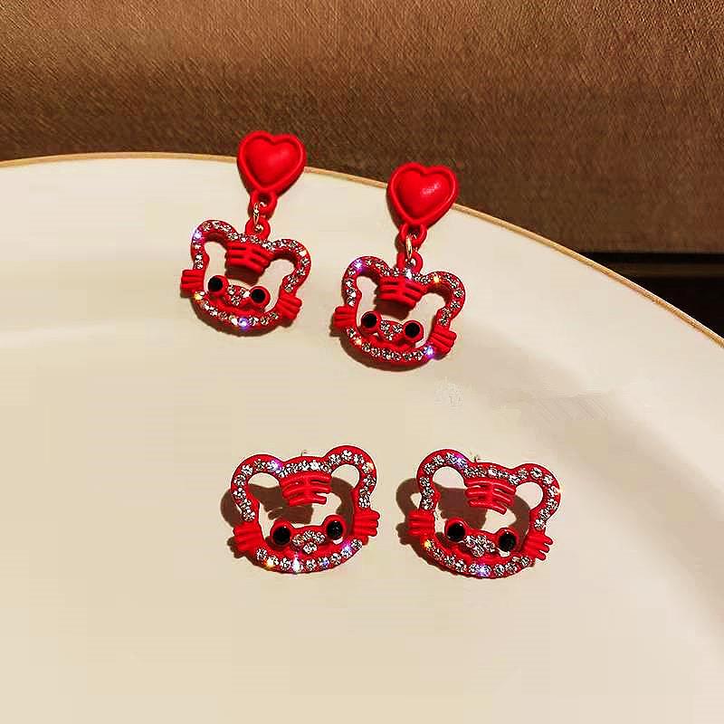 S925 Silver Zodiac Tiger Earrings - Red New Year Chinese Style, High-End Tiger Head Design