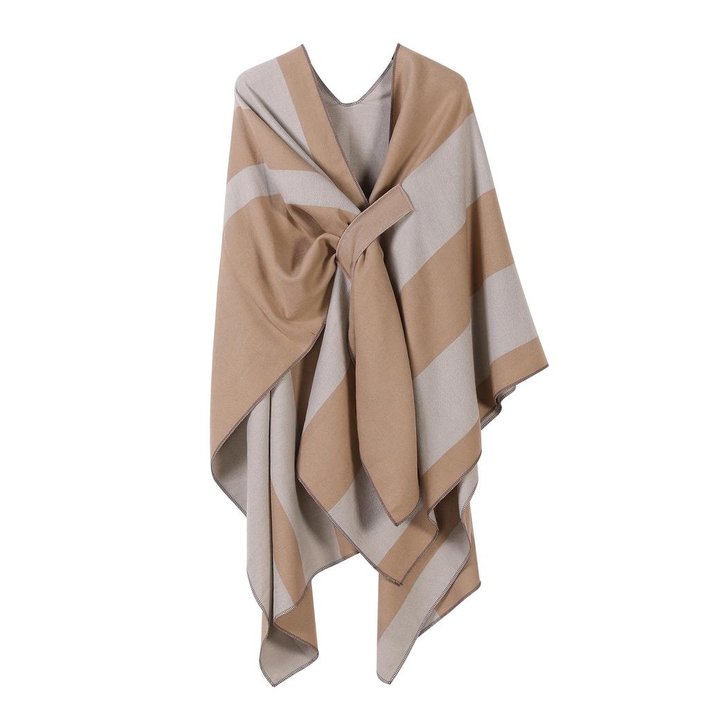 Women's European & American Double-Sided Solid Color Cape Shawl with Striped Edge