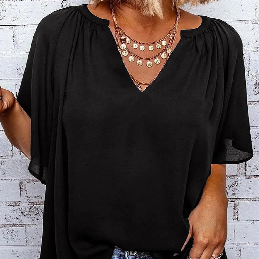 Summer Women Fashion Solid Color Chiffon T-shirt Loose Folds Casual Top