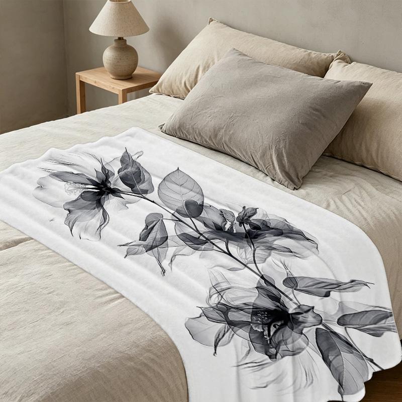 Lightweight Flannel Throw Blanket Soft Cozy, Elegant Black & White, Warm Sofa Throw for Home, Christmas & Halloween Use
