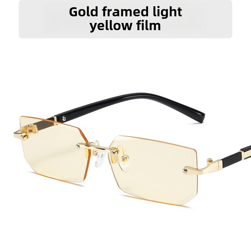 Modne kwadratowe okulary przeciwsłoneczne bez oprawek z kolorowymi soczewkami oceanicznymi i metaliczną teksturą