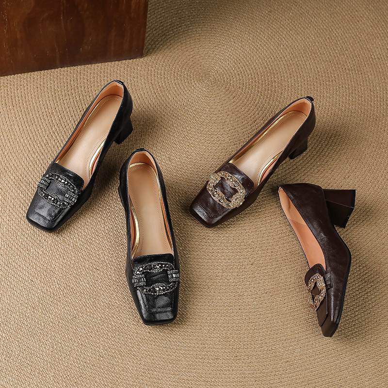 Krazing Pot Vintage Sheepskin Summer Autumn Thick High Heels Party Shoes Women Square Toe Crystal Buckle Wedding Pumps