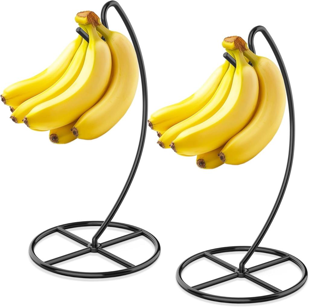 2 Pack Banana Holder, Banana Tree Stand Metal, Banana Stand Holder, Holds Up to 15LB Banana or Grape, Banana Rack for Kitchen Counter, Black