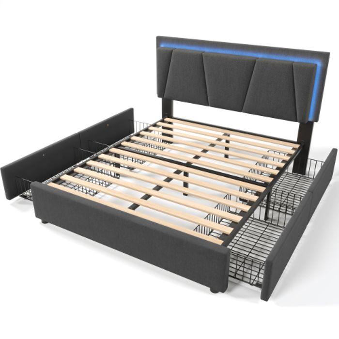 Lit Rembourré Avec Éclairage LED Et Tiroirs, Tête De Lit Réglable En Hauteur, Lit Double 160x200 Cm, Gris (sans Matelas)