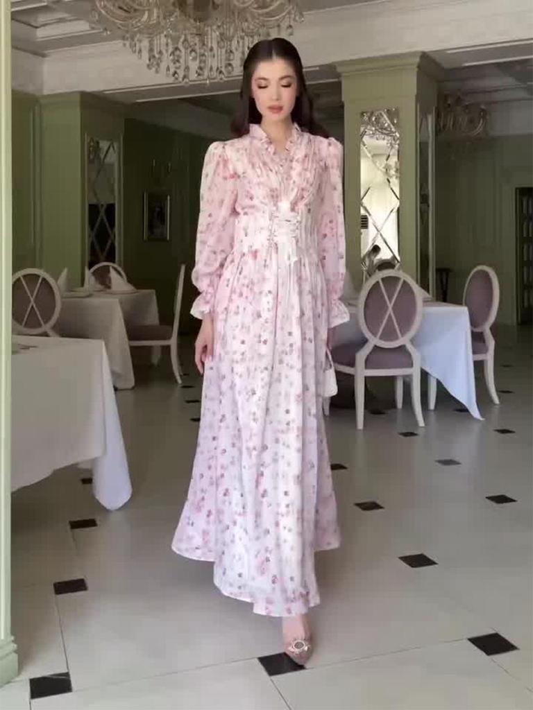 2025 Frühling Retro Elegantes Florales Langes Kleid mit Taillenbetonenden Langen Ärmeln für Damen.
