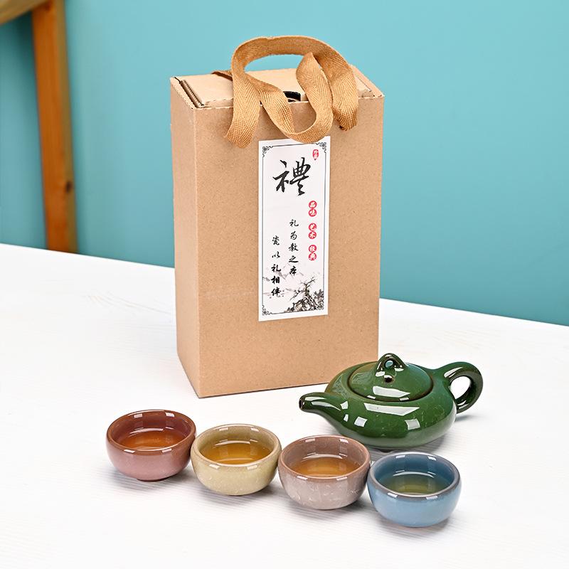 Barevná keramická čajová souprava s glazurou ledové trhliny, jedna konvička a čtyři šálky, dárek k otevření akce