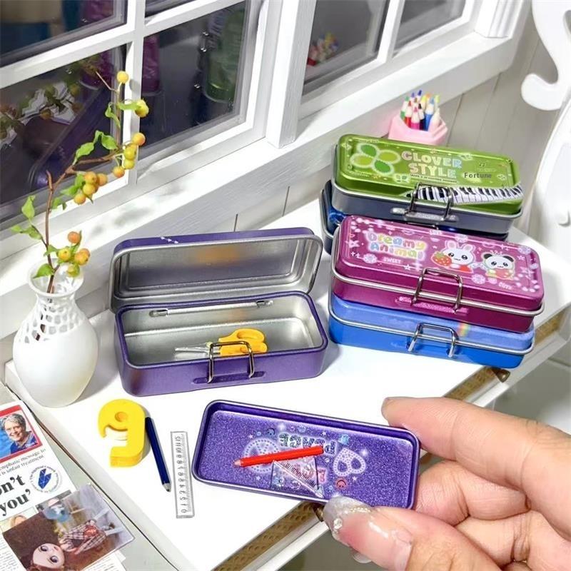 Dollhouse Miniature Double Layer Iron Pencil Box Pen Ruler Measuring Tape Scissors Model Micro Landscape Decor Pretend Play Toy