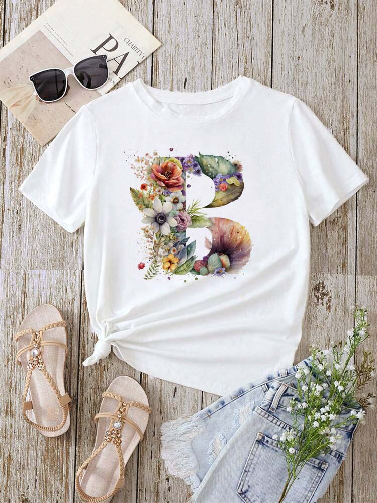 Custom Name Letter Combination Fashion Women T-shirt Floral Letter Font A B C D E F G Short Sleeve Tops White T-shirt
