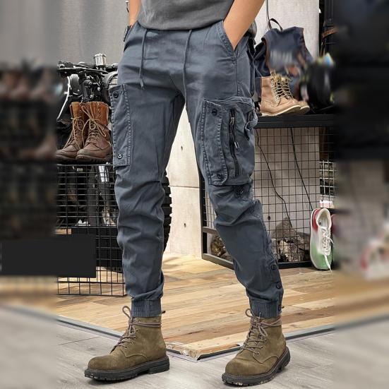 Spring Fall Men Cargo Pants Drawstring Waist Multi Pockets Ankle-banded Solid Color Sport Trousers Daily Wear Outdoor Training Exercise Trousers