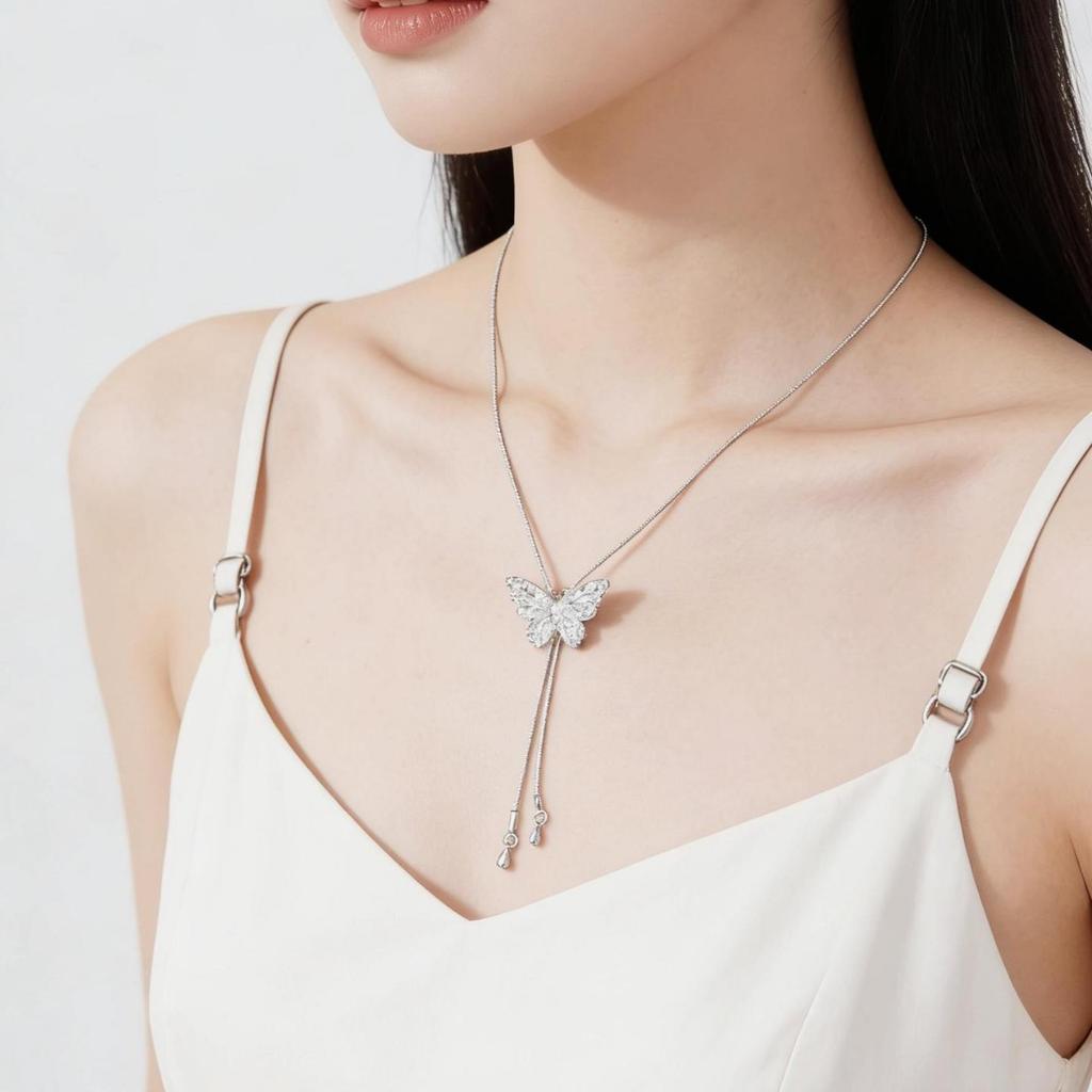 Silver Long Tassel Butterfly Necklace Women Can Pull Adjustment Spice Girl Collarbone Chain Niche High-End Light Luxury Accessories