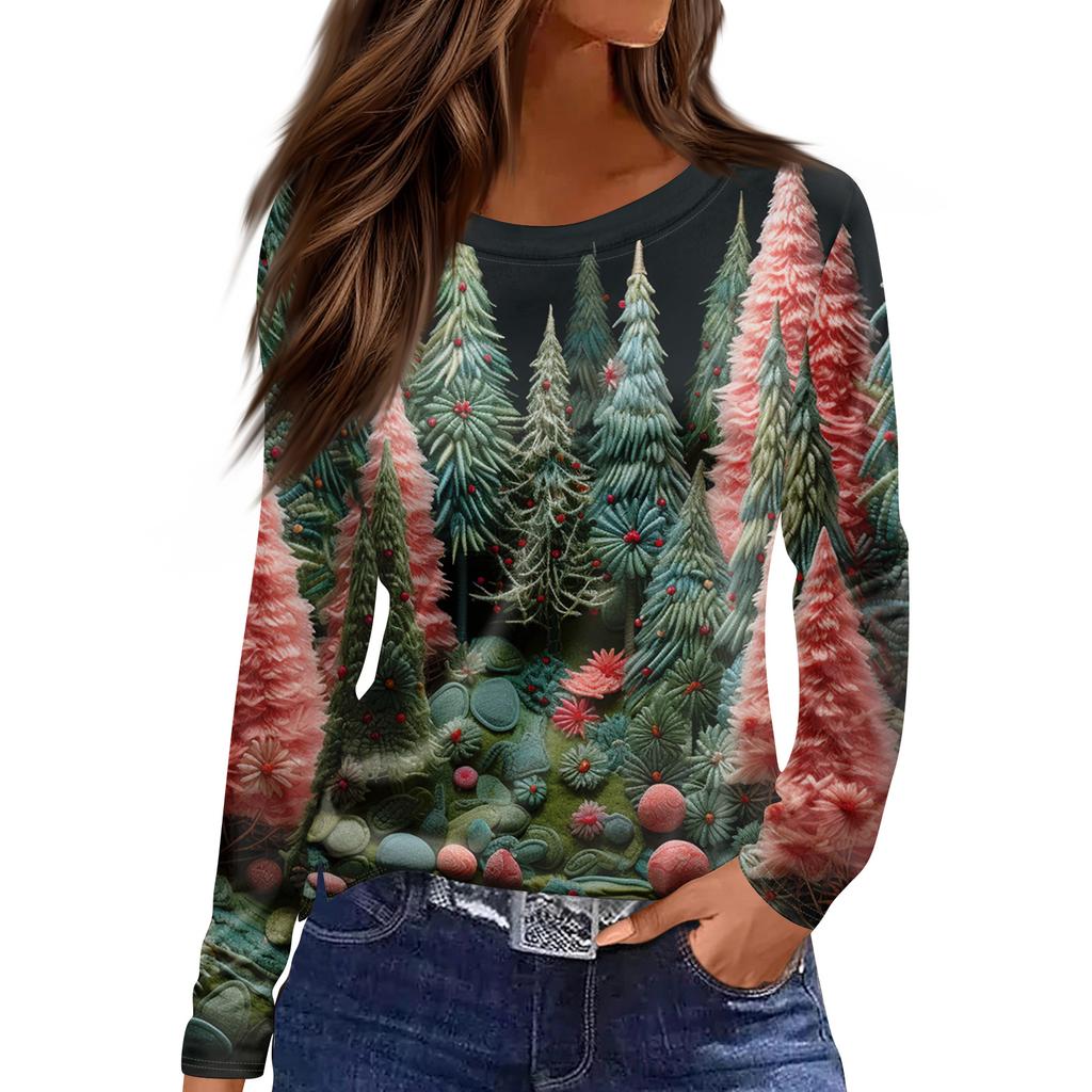 Women's Fashion Casual Slit Hem Round Neck Long Sleeve Loose Christmas Printed T-Shirt Ladies Top
