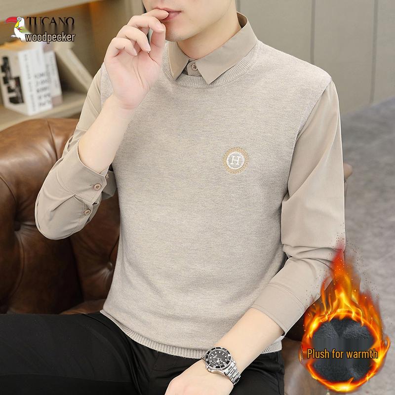 

Woodpecker Men s 2025 Winter Two-Piece Knit Pullover Sweater with Shirt Collar 3XL (165–185 jin)