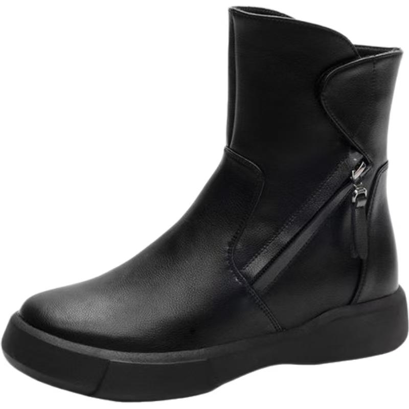 Women Real Leather Flat Sole Ankle Boots Autumn Winter New Soft Sole Non Slip Plush Keep Warm High Top Zippers Cotton Boots