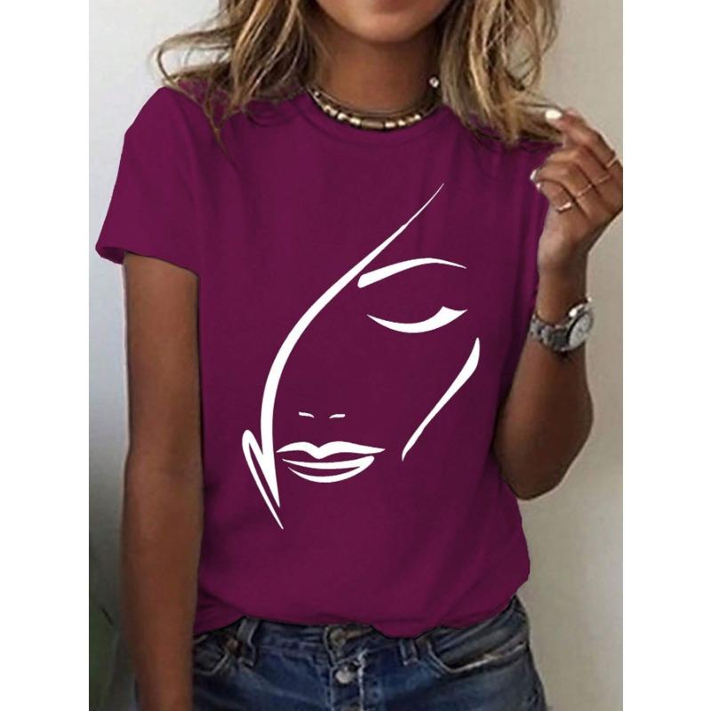 Summer Round Neck 3D Facial Depiction Pattern Print Top Fashionable Casual Short Sleeved Women's T-shirts