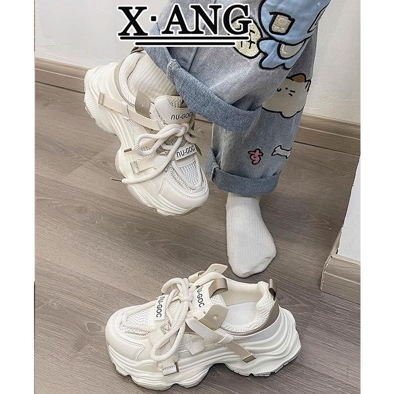 Showing feet little dad shoes women's spring and summer new thick-soled heightening mesh breathable leather casual sports shoes