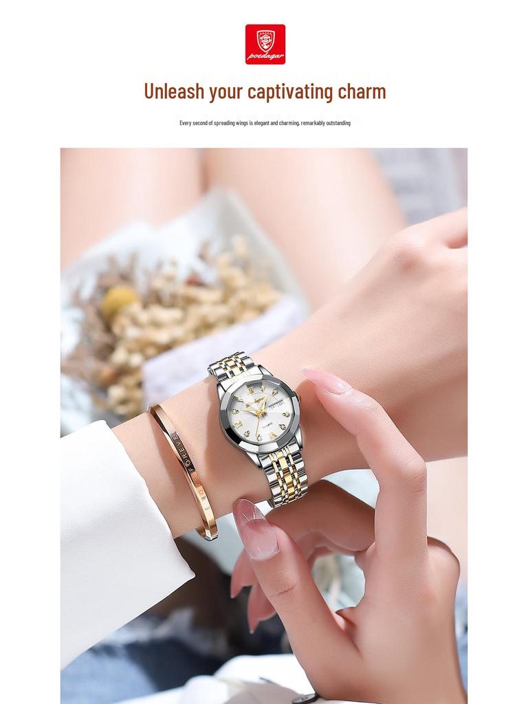 Ceas de mână nou elvețian pentru femei, rezistent la apă, luminos, cu calendar dublu