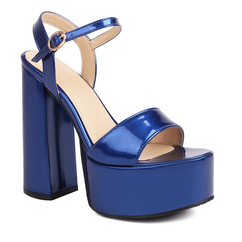 Блестящая лакированная кожа Яркий цвет Супервысокий толстый каблук Сексуальные туфли на высоком каблуке Босоножки с платформой и открытым носком для женщин для вечеринок 35 синий 7280₽