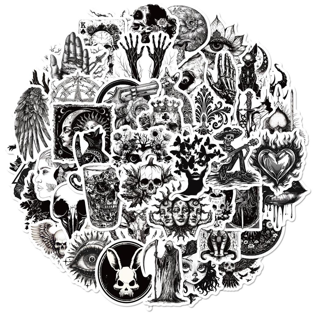 50pcs Gothic Skull Stickers: Black & White, Waterproof, Cool Horror Fashion
