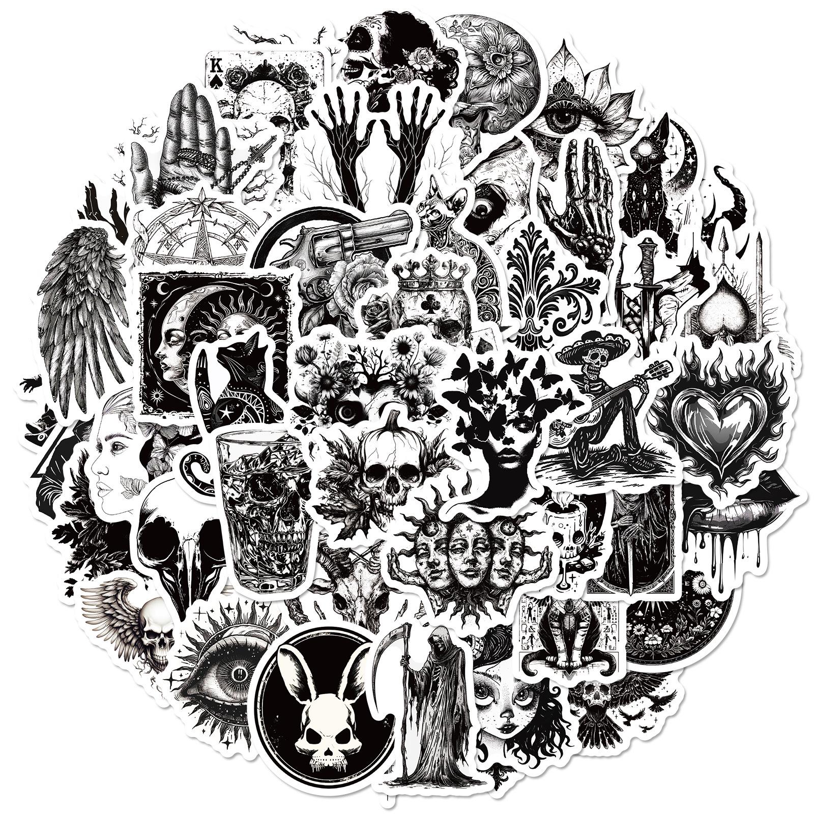 50pcs Gothic Skull Stickers: Black & White, Waterproof, Cool Horror Fashion