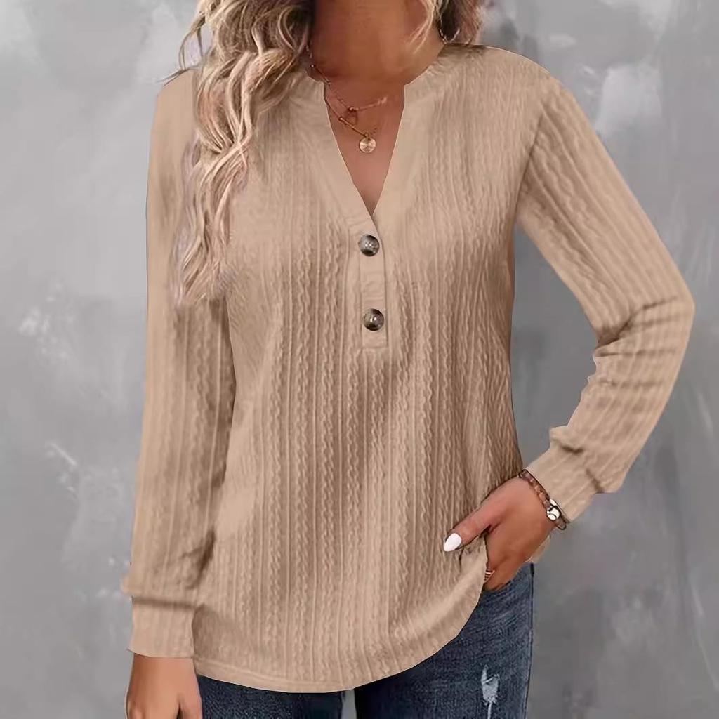 European & American Autumn/Winter Women's Long-Sleeve V-Neck Button T-Shirt 2024