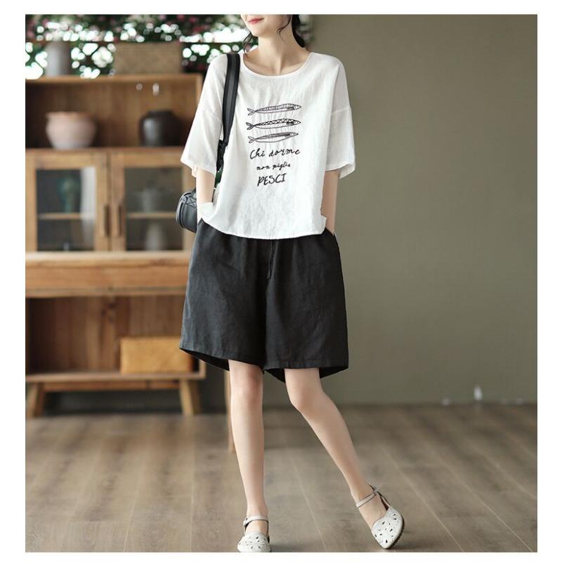DIMANAF 2026 Summer New Plus Size Women Vintage Embroidery Cotton Linen T-shirt Casual Loose O-Neck Short Sleeve Tops