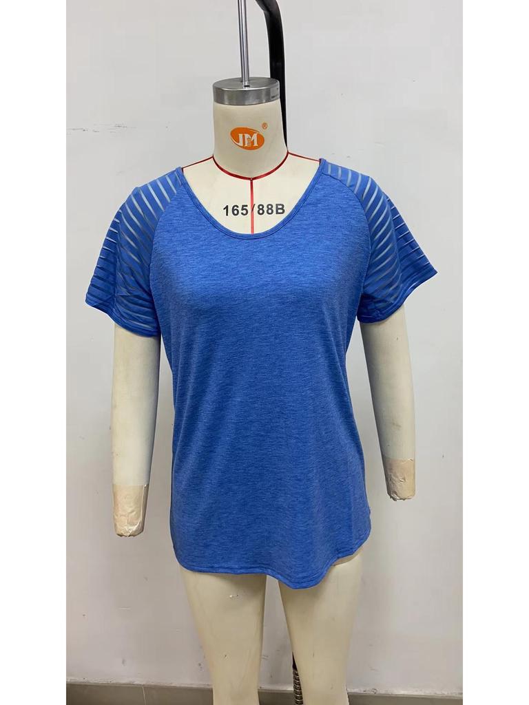 Damski Europejski i Amerykański Letni T-shirt z siateczki z dekoltem w serek, z krótkim rękawem, casualowy, luźny (2021)