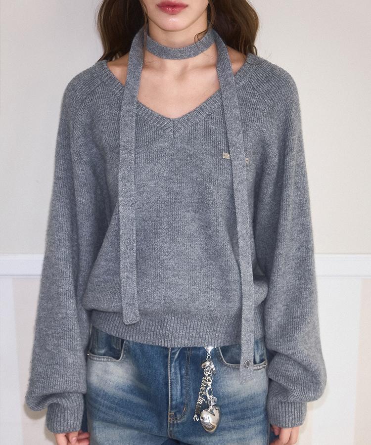 ROSEFRANTZ Tie & Vneck Knit [Gray]