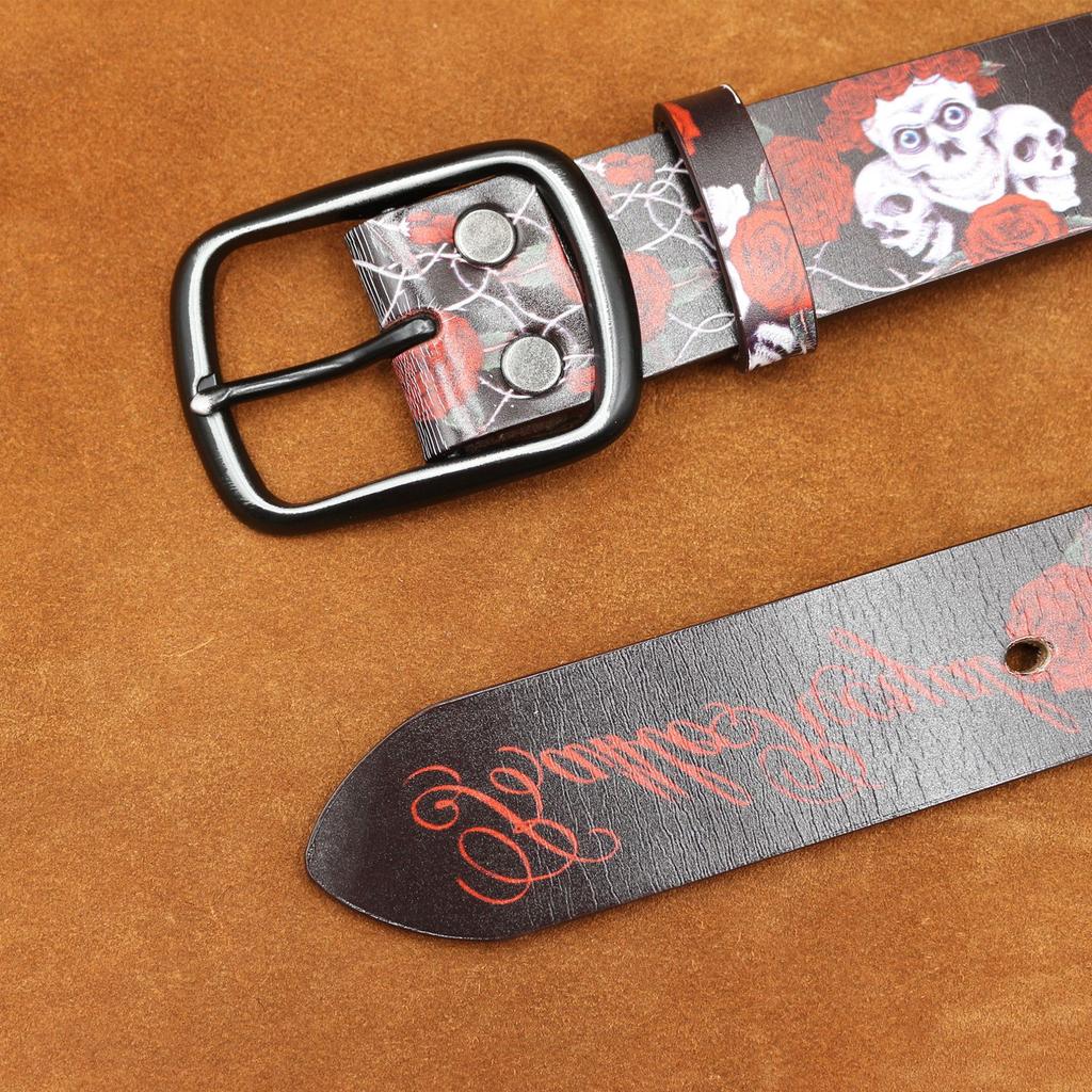 Real Cowhide Retro Skull Rose Graffiti Printed Belt, Personalized Retro Belt, American Japanese and Korean Style