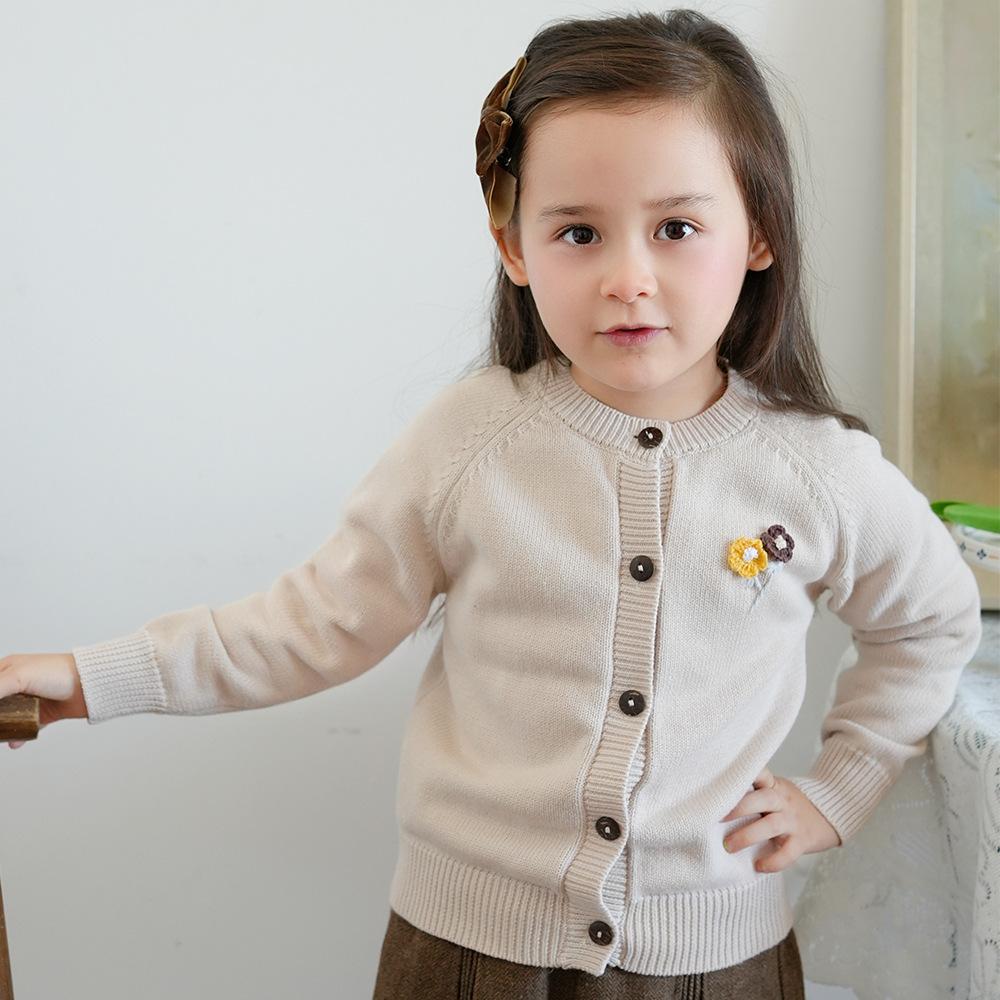 Korejský styl Ručně vyšívané květiny Dívčí pletený kardigan Bunda Čistá bavlna A-třída Dětský svetr kardigan