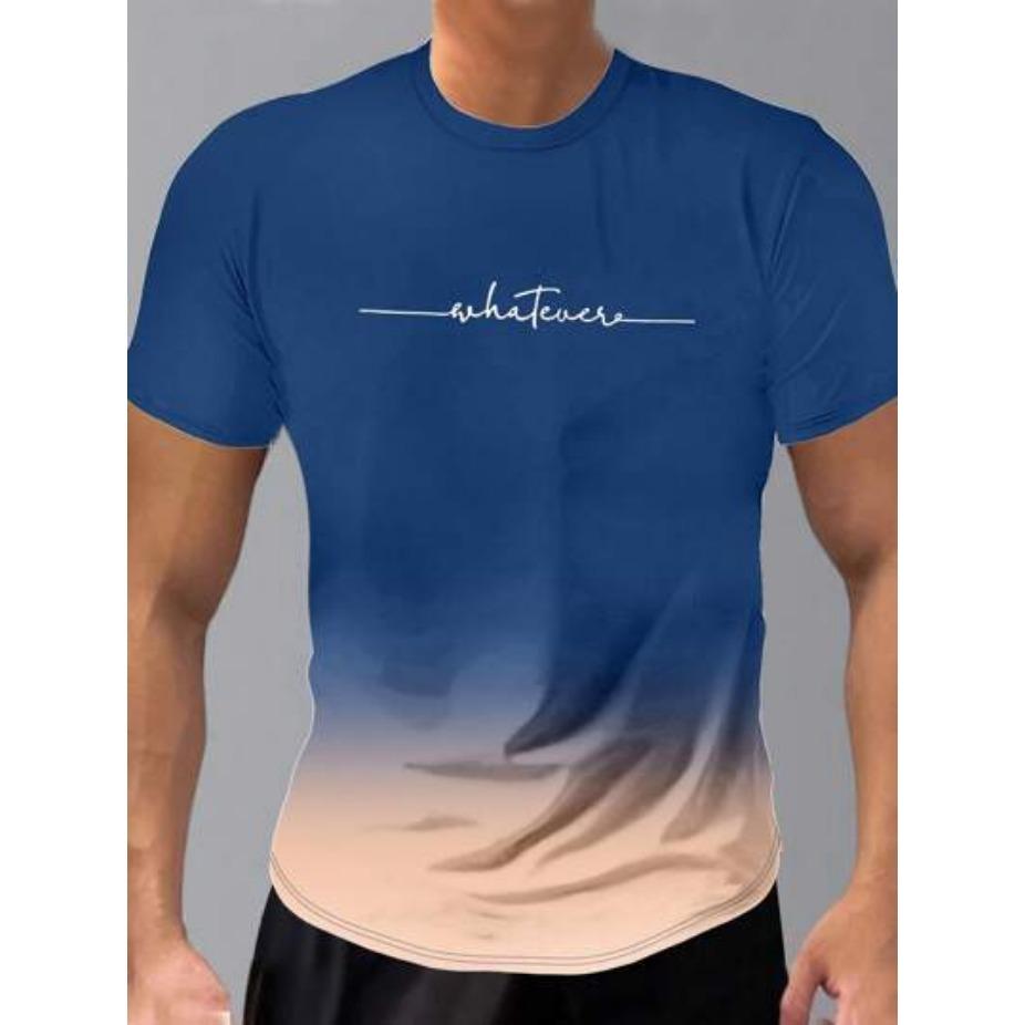 Summer Round Neck 3D Gradient Letters Print Top Fashionable Casual Short Sleeved Men's T-shirts