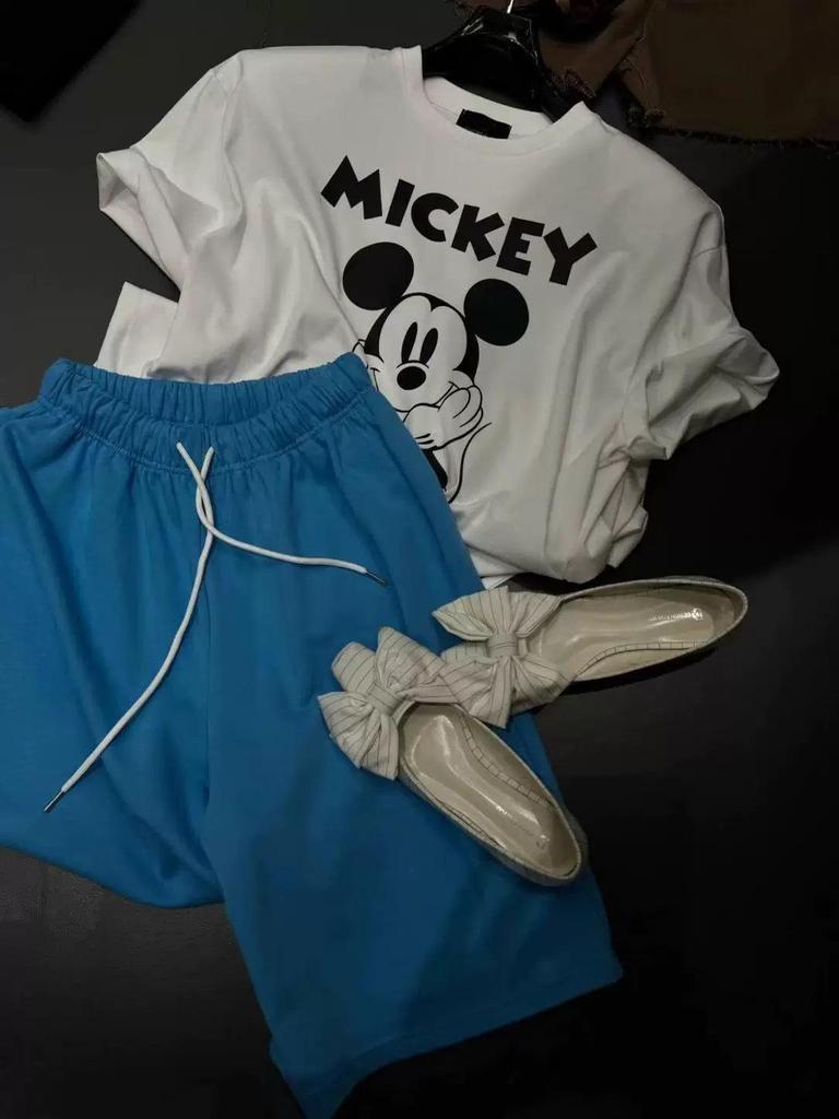 New Korean Summer Casual Loose Fit Mickey Print Cotton T-Shirt for Women