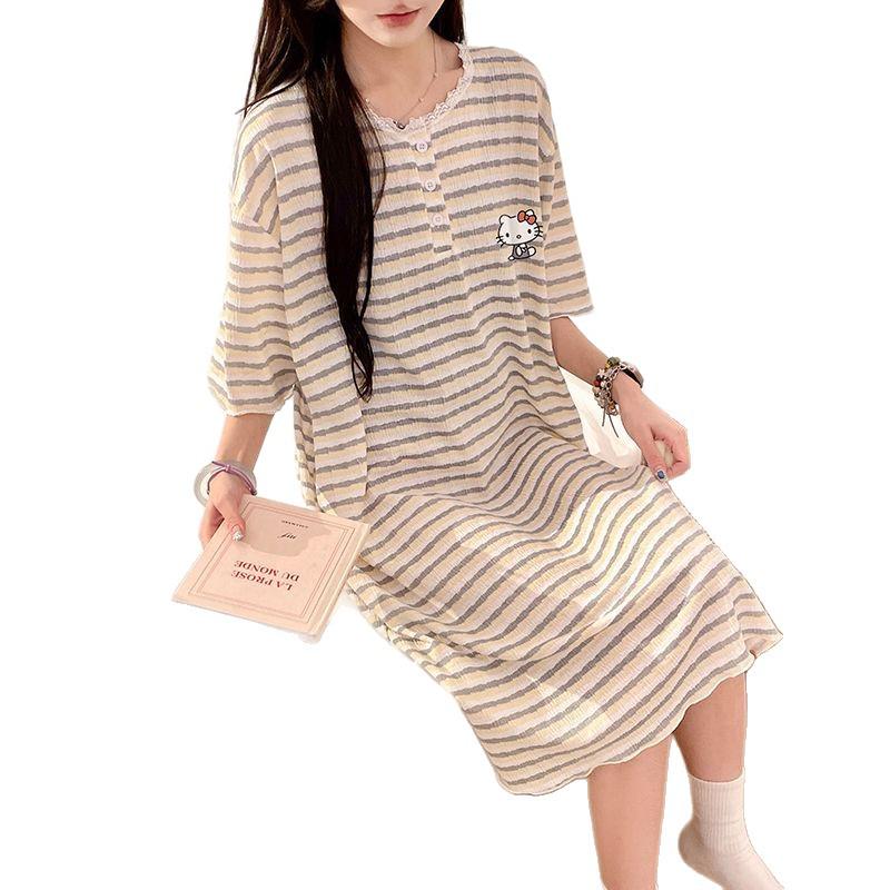 Women's Striped Short-Sleeve Loose Midi Dress – Fresh Summer Style, Versatile for Outdoors or as Pajamas, Ideal for Students