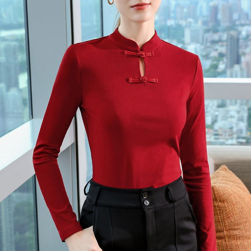 Red button waist top, new autumn and winter inner stand-up collar age-reducing long-sleeved t-shirt for women