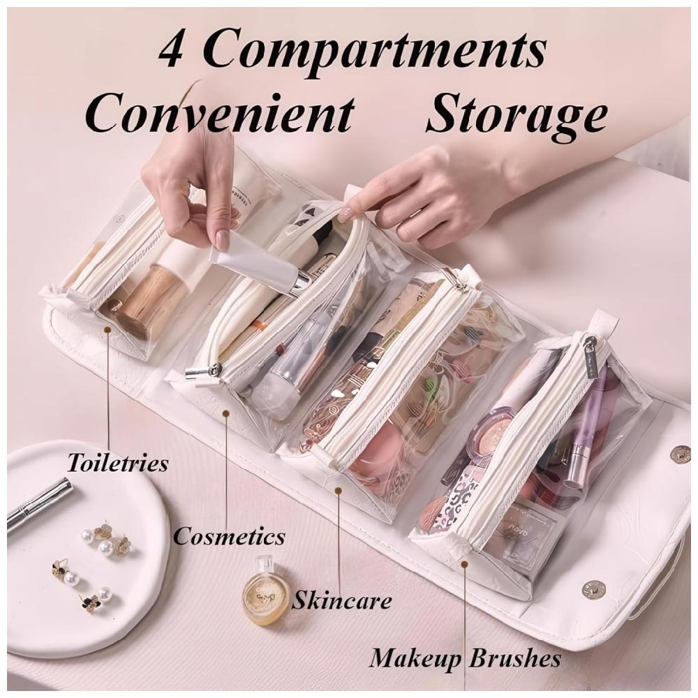 4 In 1 Travel Toiletry Bag 4 Detachable Compartments Hanging Makeup Bag PU Large Capacity Roll Up Cosmetic Bag for Travel