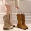 Módní duté vyšívané vintage westernové boty dámské 2025 podzim robustní podpatky ke kolenům kovbojské boty žena PU kůže rytířské kotníkové boty