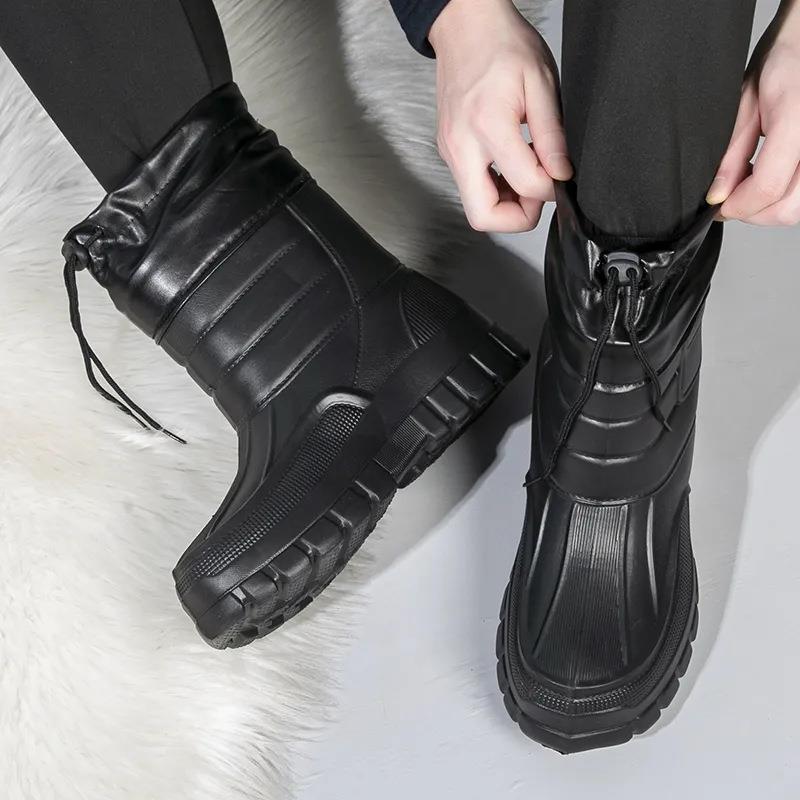 Rain Shoes Men's Short Tube Low Top Rain Boots Antiskid Car Wash Water Shoes Rubber Shoes Waterproof Plush Cotton Warm Water Boots
