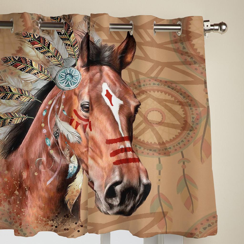Horse Indian Feather Window Curtain Living Room Luxury Valance Curtain for Bedroom Home Kitchen Decor Curtain