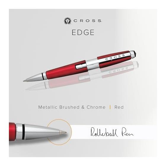 Cross Edge AT0555-7 Refillable Rollerball Pen, Red, Medium Point, Chrome, Slide-Open Type, with Premium Gift Box